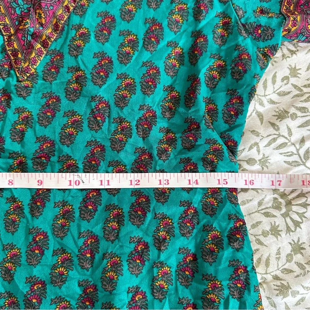 Silk Kurti Indian Design Vibrant Teal Dress Tunic with Purple Accents 31” Waist - Picture 8 of 9